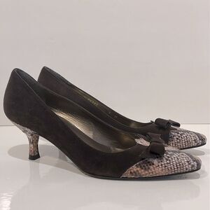 Stuart Weitzman Brown Suede/Embossed Leather Toe and Kitten Heel Shoes Size 7‎